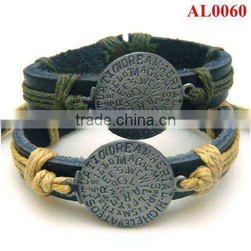 men's alloy cross leather wristband macrame with wax cords AL0066