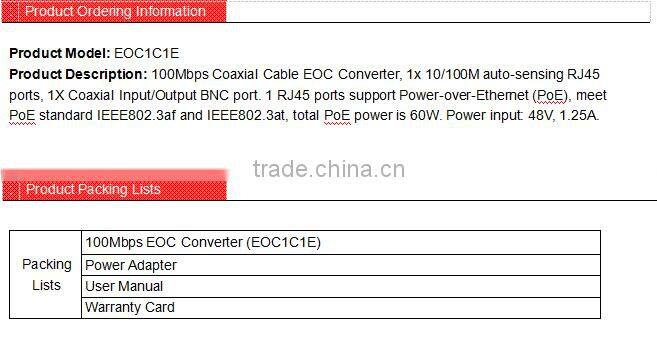 48V 1.25A CATV solution EOC one port EoC Ethernet over Coax for transmission media