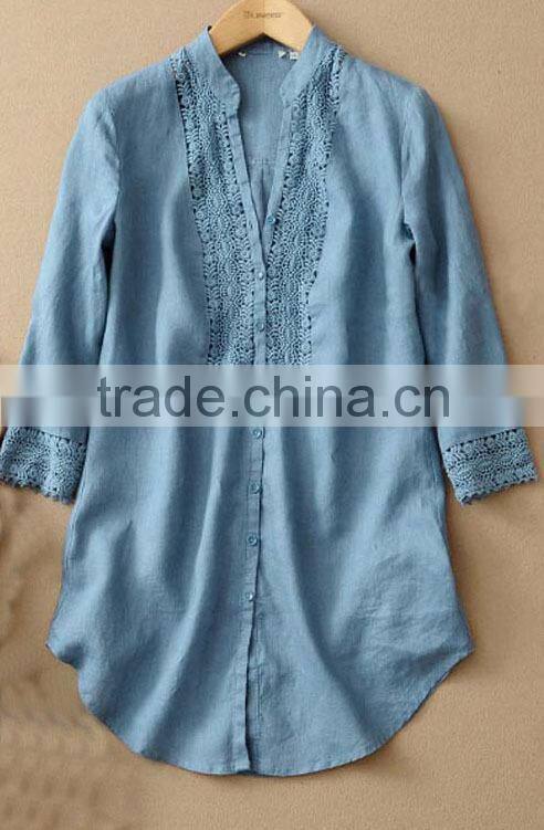 ladies' soft linen shirt plain dye fabric blouse long sleeve lace ornament top