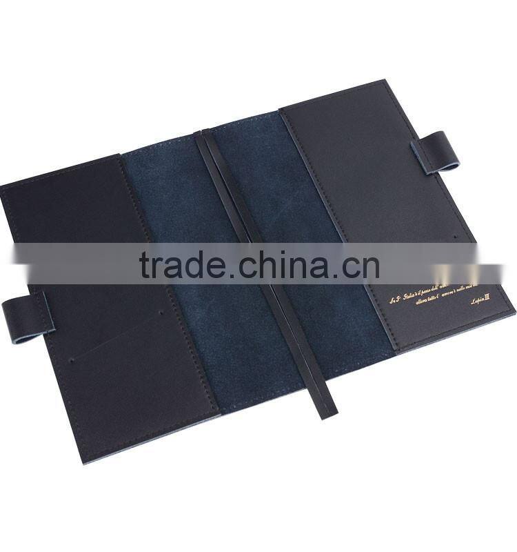 Black fashionable a5 refillable genuine leather notebook with pen attached