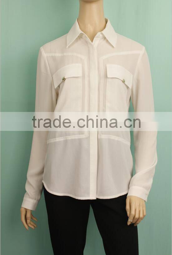 2016 new pattern plain white color hemp material long sleeve latest formal blouse