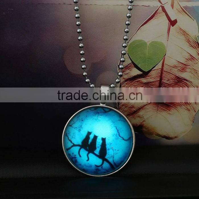 Round crystal pendant black cat and branch charm Light in the Dark Necklace