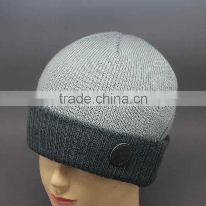 LUXURY LEATHER PATCH FOLD CUFF NAVY WINTER HAT FOR MEN AND WOMEN