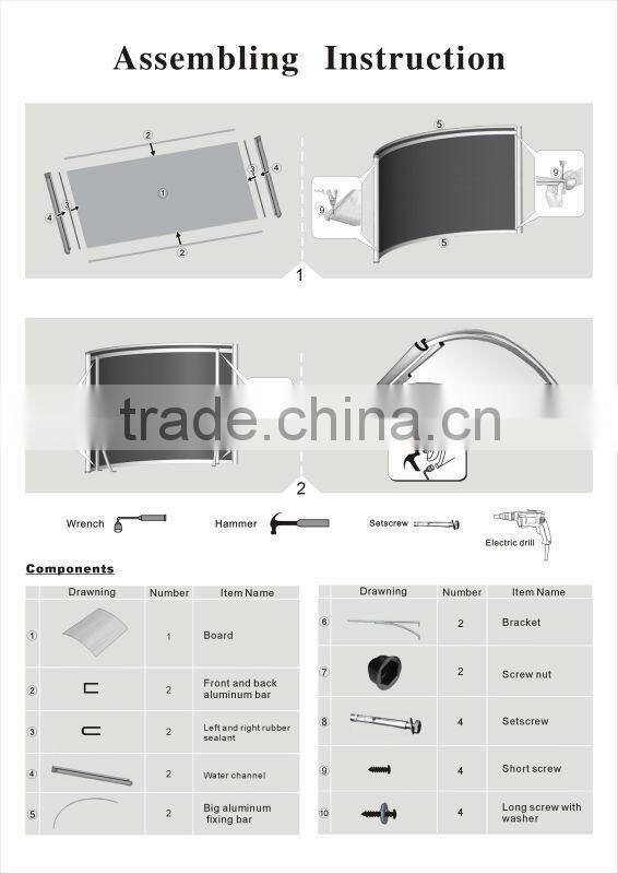 Euro-design rainbow series outdoor polycarbonate aluminum awning support