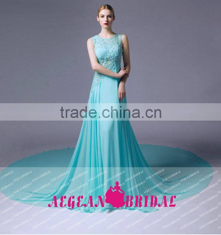 K123 2015 Real Sample Top Quality Chiffon Evening Dress with Long Train