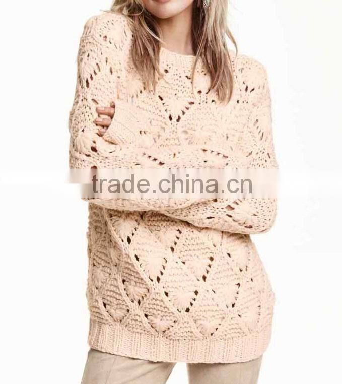 Alibaba buy now ladies' round neck long sleeve diamond & pointell pullover knitted sweater