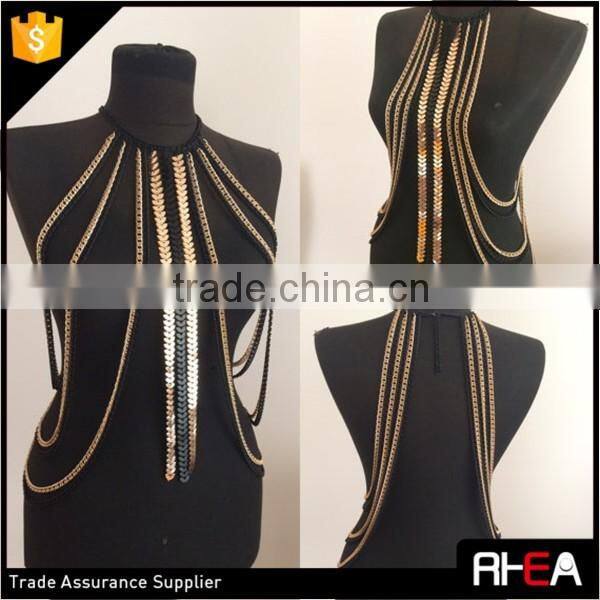 Hot Selling American Body Chain,Bib Black and Gold Chain Design Body Chain