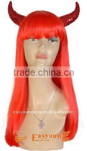Wholesale cheap long red horn synthetic hair party wigs, cosplay witch wigs