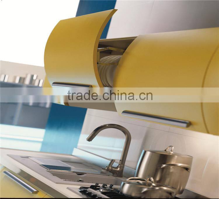 Yellow modern kitchen cabinets wall units, high gloss cabinet