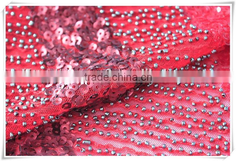 Modern design red beads sequin upholstery lace fabric textiles for dress