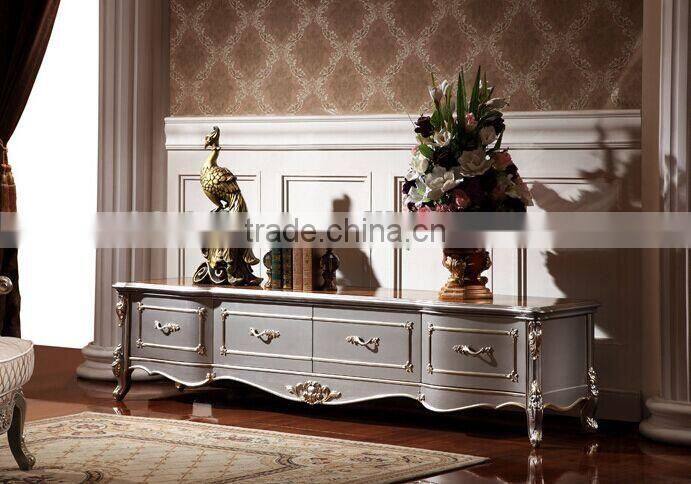 European Style Living Room Furniture TV Cabinet, Elegant Solid Wood with Silver Leaf TV Stand (BF01-ML039)