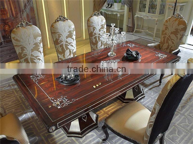Exquisite Trim Rectangle Long Dining Table and Chair Set, Regancy Dining Table Set with High Back Chair