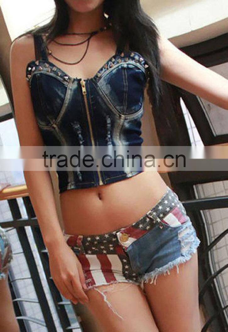 LSexy Short Jeans Women American US Flag Mini Shorts Jeans Short Hot Pants Denim Low Waist Stars Stripes Size :S