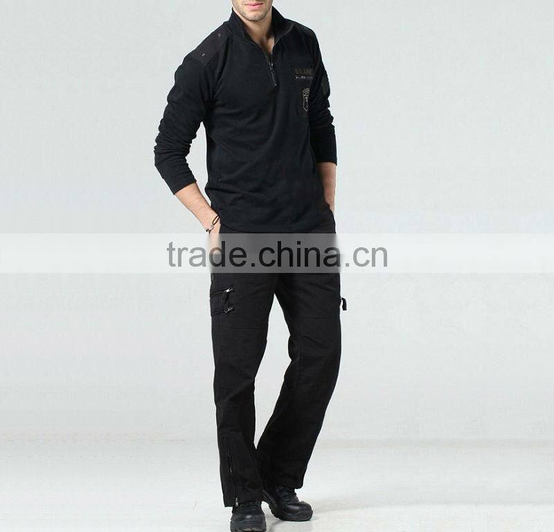 Men's 65% polyester 35% cotton with logo patch zipper collar and pocket military polar fleece jacket