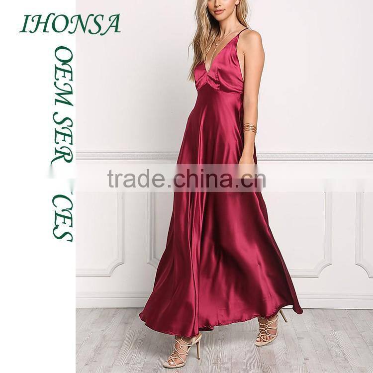 Ladies Fashion Names of Ladies Dresses with Pictures Wine Silky Plunge X Strap Slip Dresses HSD7833
