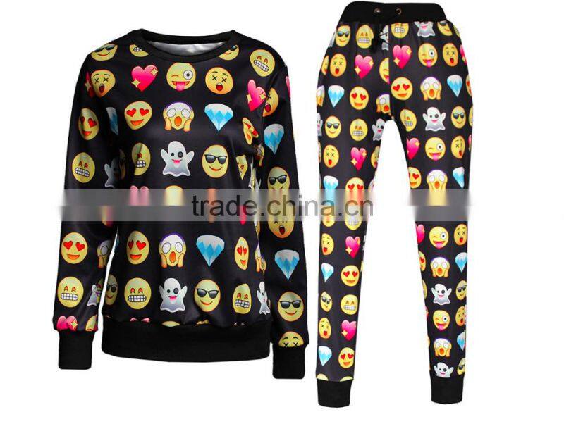 Sport wear custom most popular ladies all over emoji pattern printing 2 pieces set pullover sweatshirt with pants