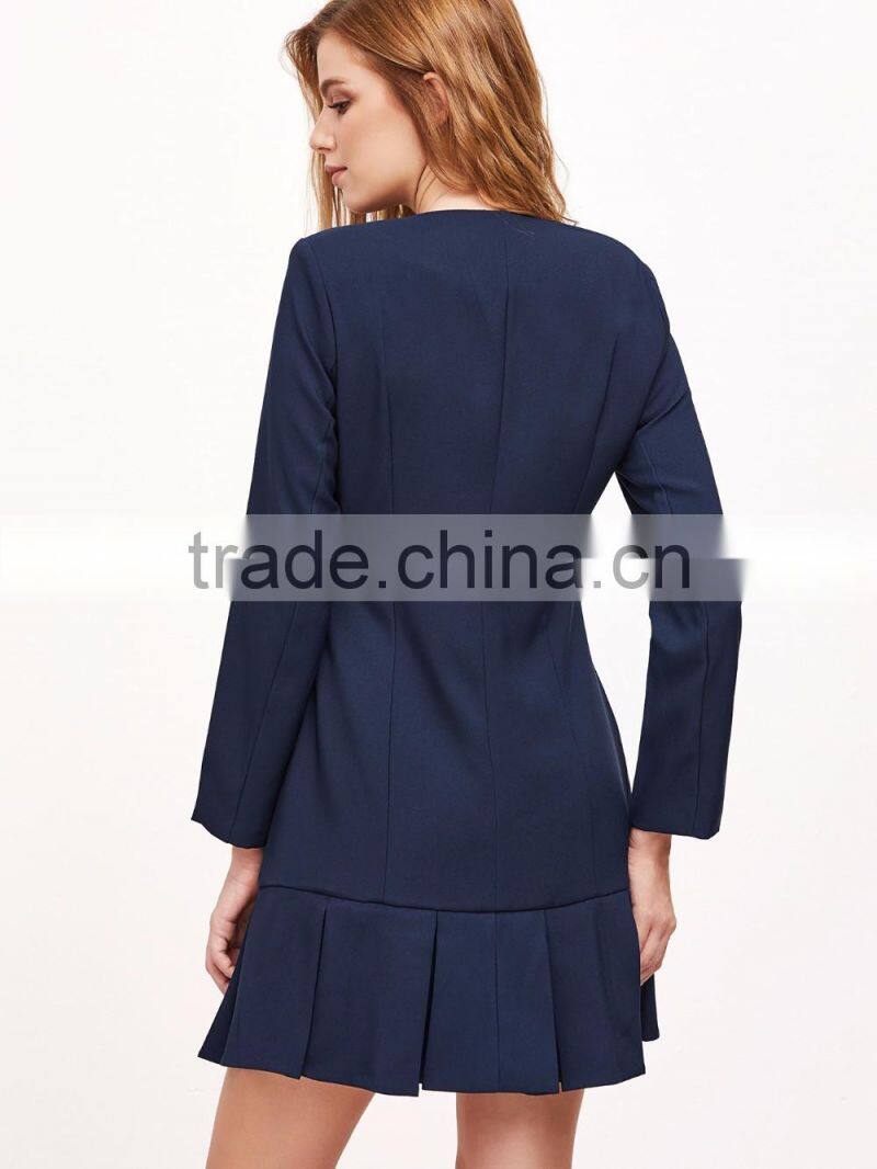 Navy Double Breasted Pleated Hem Dress Polyester Spandex Long Sleeve V Neck Casual Plain Dress