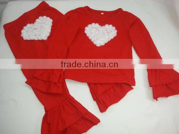 Wholesale Baby Clothes Kids Girls Clothing Plain White Top With Red Heart Triple Ruffle Pants Set Children Boutique Outfits