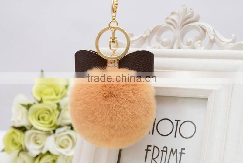 Sweety cute koreal style rex rabbit fur balls keychain with bowknot leather keychain