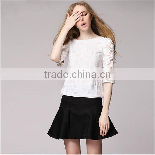 odm manufacturer 2015 summer fashion design round collar half sleeve lace shirt for ladies slim sexy women big size blouses