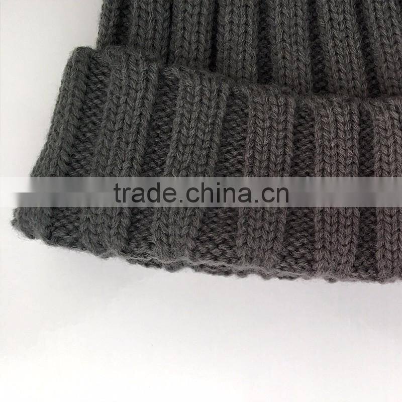 Myfur Dark Grey Knitting Hat for Adults With Real Fox Fur Pompom