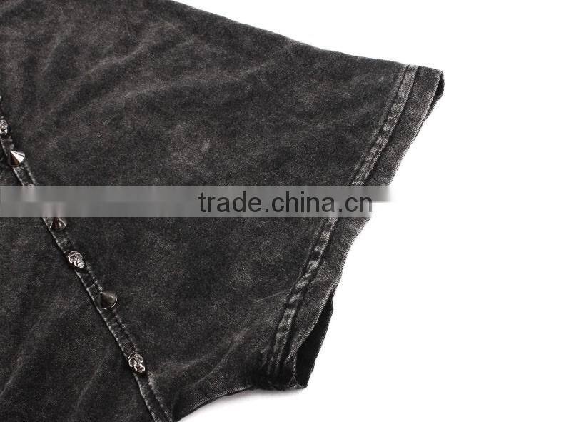 Women's hollowed-out short sleeve washed vintage 100% cotton t shirt with rivets