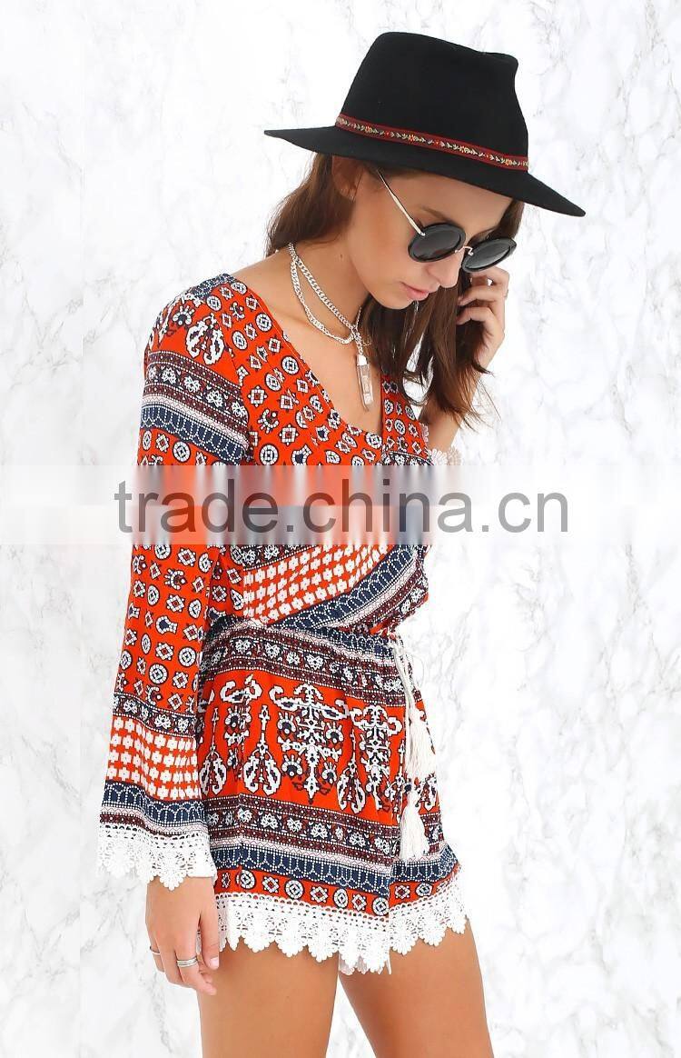 lace hem decorate printing long sleeve jumpsuits for women 2015