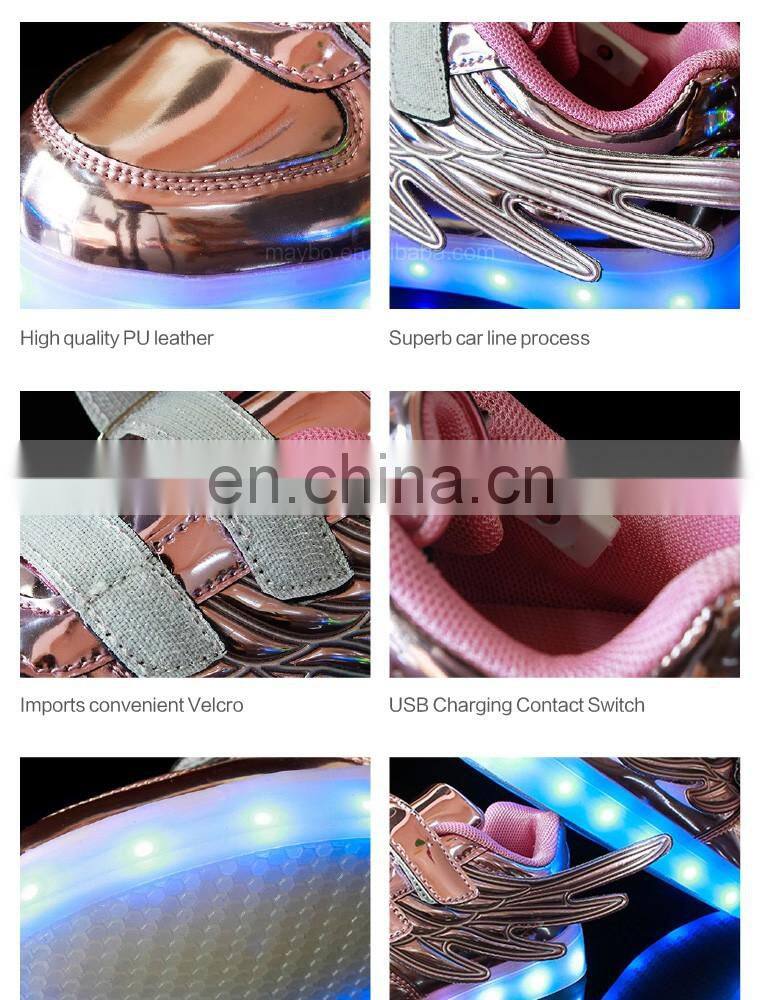 Wholesale hot sell Mirror-PU leather Led light up kids Wings shoes Children Led shoes sneakers with USB rechargeable