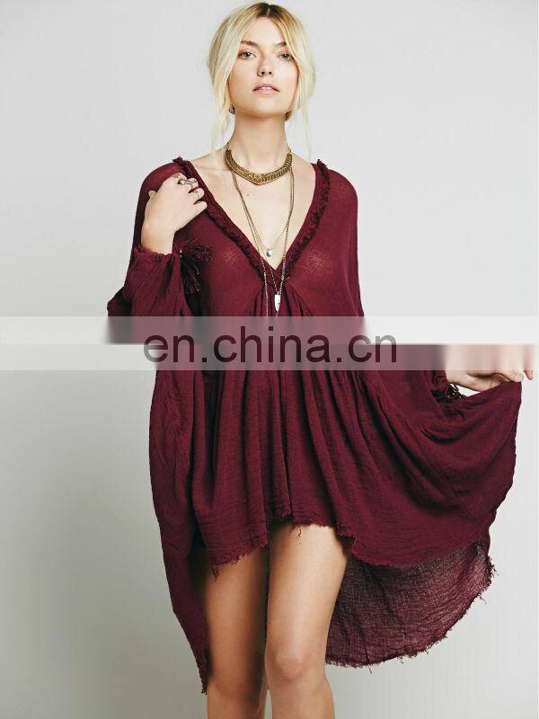 High quality raw hem cotton gauze dress fashion high low tunic dress
