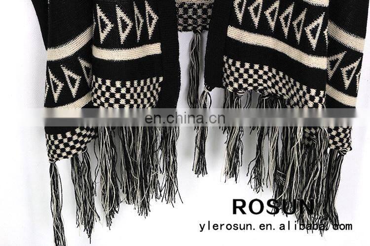 Black great star pattern woman cardigan shawl style with fringes crochet sweater pattern