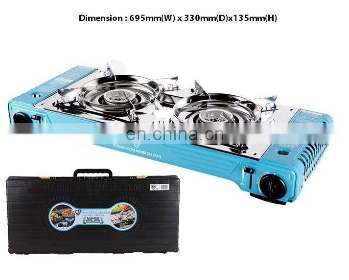 Portable gas stove 2 burner / indoor & outdoor commercial use / safety push gas control knob / stainless steel top