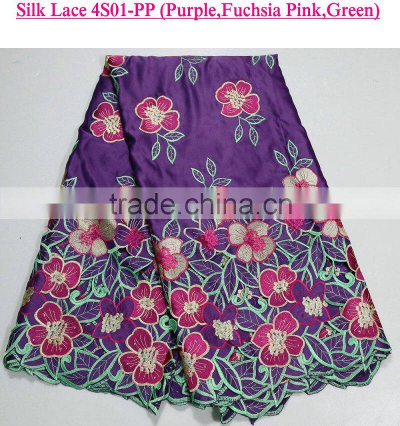 Latest design 100% polyester multicolour silk lace fabrics for party dress with a lot of stones