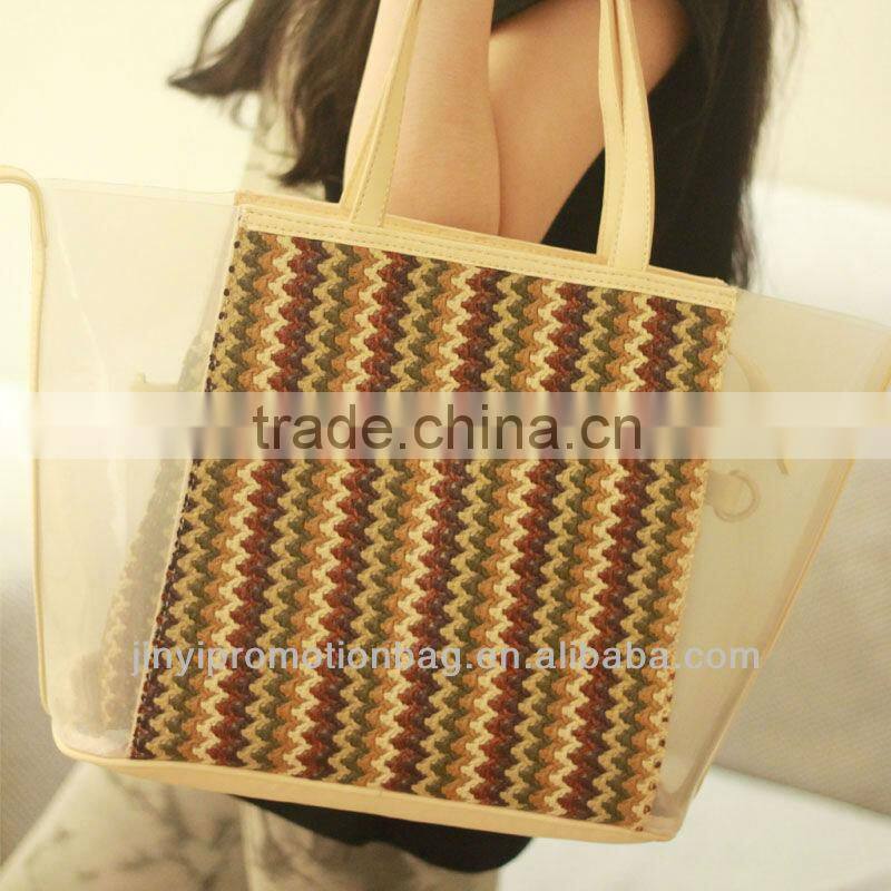 2013 clear pvc split joint with woven material ladies woven beach bag