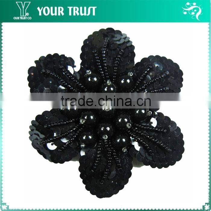 Clear Rhinestone Black Flat Sequin Black Bead Flower Applique Patches