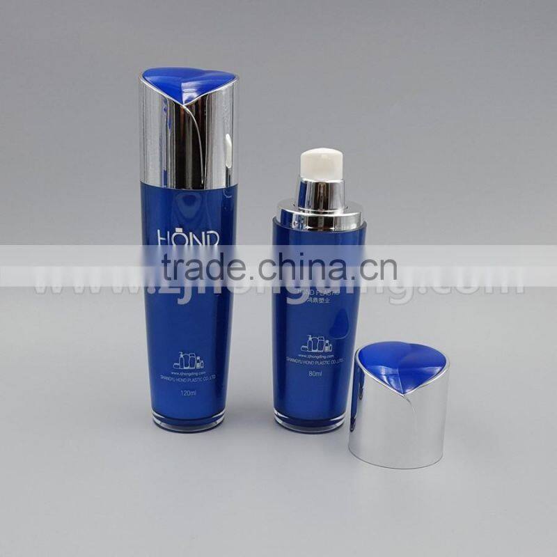 Lucury any color blue green heart shape 30ml acrylic bottle wholesale for body lotion cream,pet cosemtic bottle,plastic bottle