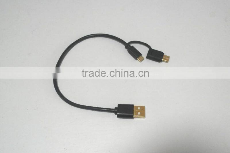 USB Type C Cable 2 in 1 Micro USB with Type C Adapter Convertor Reversible Charging&Sync Cable (3Ft, Black)