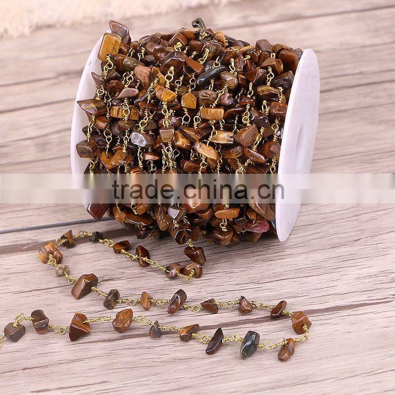 Natural Tiger Eye Stone Beads Wire Wrapped Chip Beaded Chain - Bronze Wire Wrapped Rosary Chain