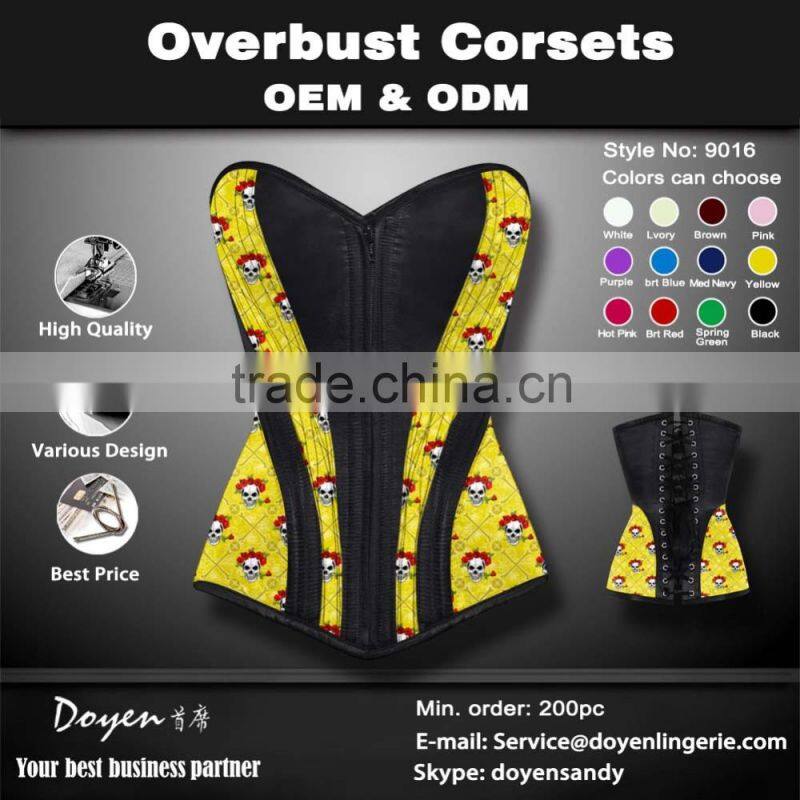 printing sexy zipper overbust corset bodysuit to wear out