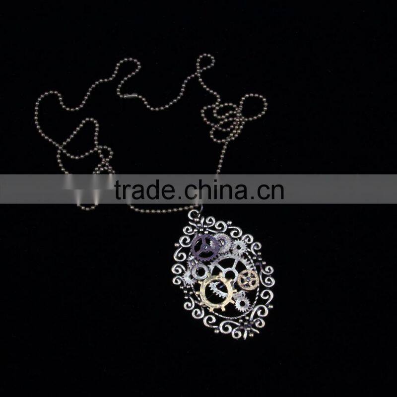 New design steampunk gear cameo pendant statement necklace 2015 yiwu fashion imitation jewelry hot sale