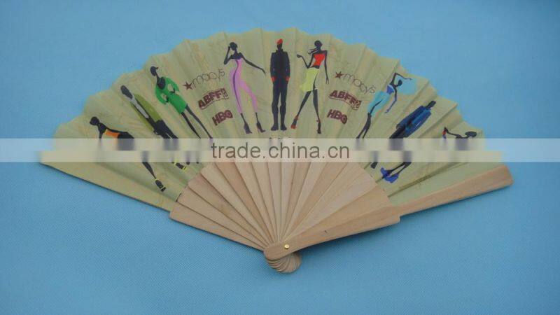 chinese fabric folding hand fans with wooden handle