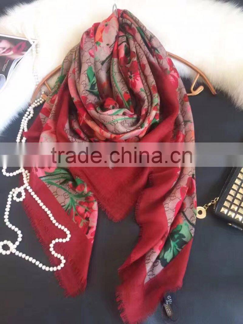 2017flower Top quality 100% silk habotai printed square scarf