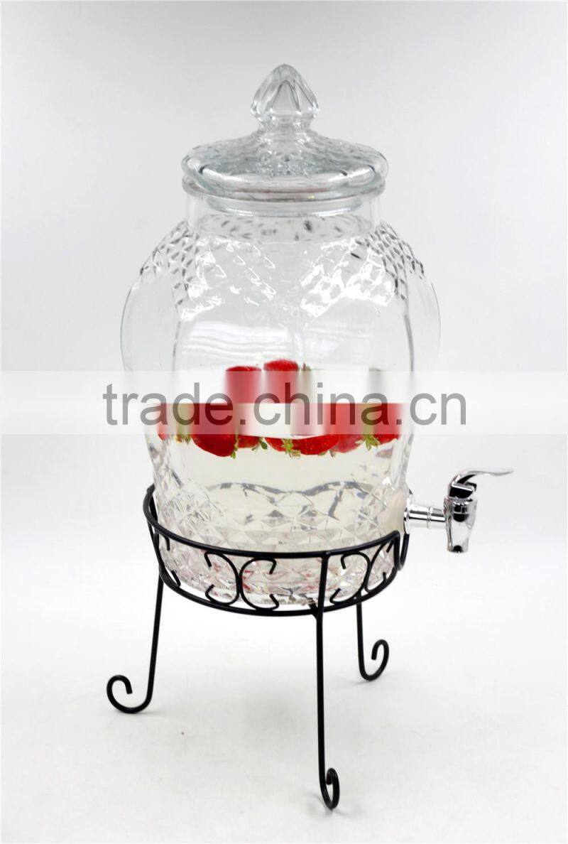 embossing glass beverage dispenser with tap in metal stand