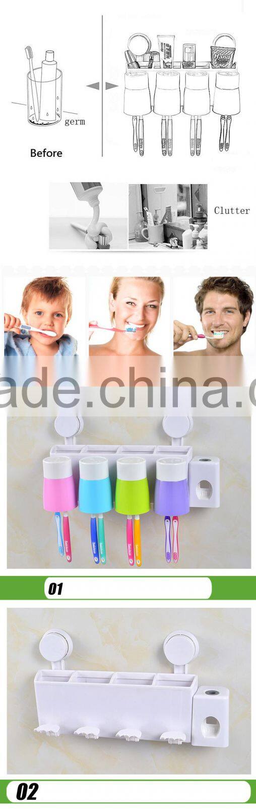 Promotional ABS PS Wall-Suction Creative 8 Toothbrush Holder 4 Cups Hanger Toothpaste Dispenser