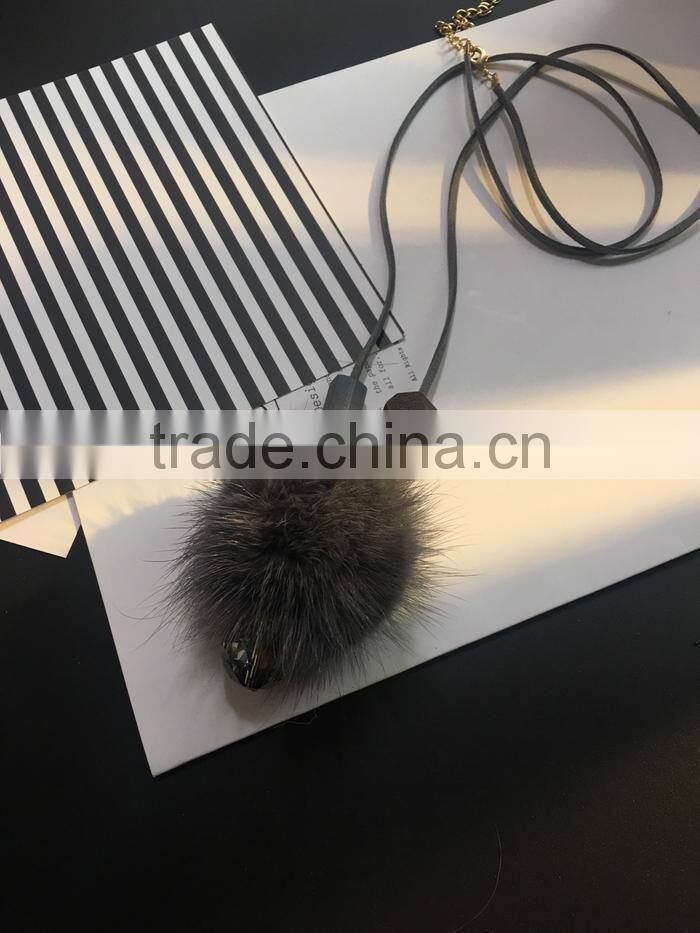 winter mink fur ball pendant necklace geometric bead suede leather necklace velvet leather necklace