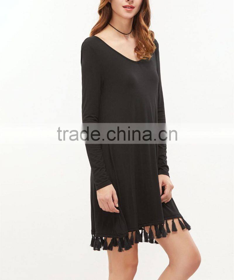 Women Clothing Autumn Long Sleeve Mini A Line Slim Party Sexy Clubwear Black V Neck Tshirt Dresses