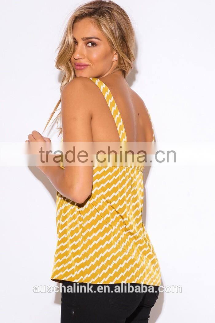 trendy woman yellow chevron print cut out party bulk tank top