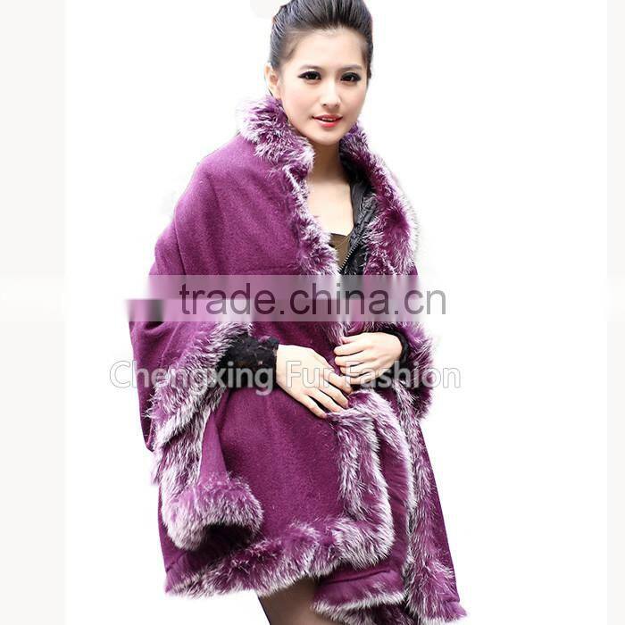CX-B-P-25E 2016 New Product Fur Poncho Fur Cape With Fox Fur Trimmed