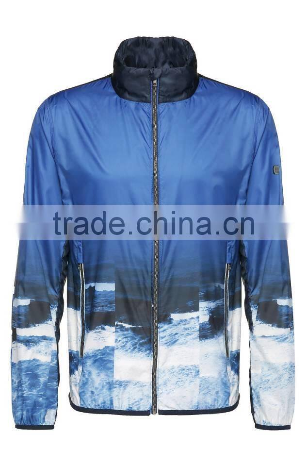 2017 New Design Ocean Pattern Printed Mens Sports Bomber Jacket With Hooded 100% Polyester Mesh Digital Windbreak With Piped