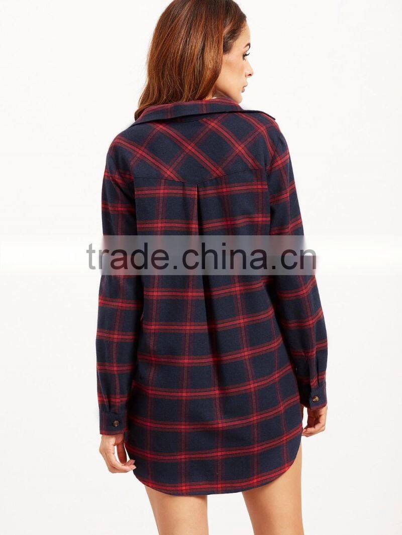 Navy Plaid Roll Tab Sleeve Half Placket Shirt Dress 100% Cotton Pocket Curved Hem Button Casual Short Dress