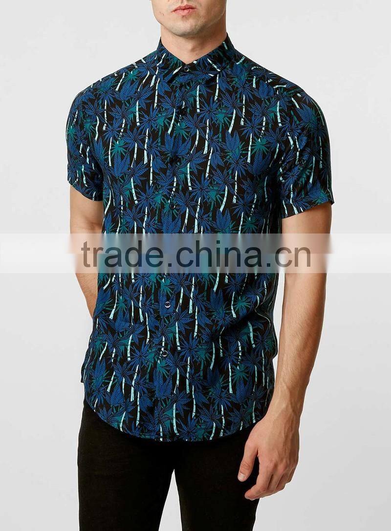 2016 hawaiian Palm Print Short Sleeve Casual Shirt
